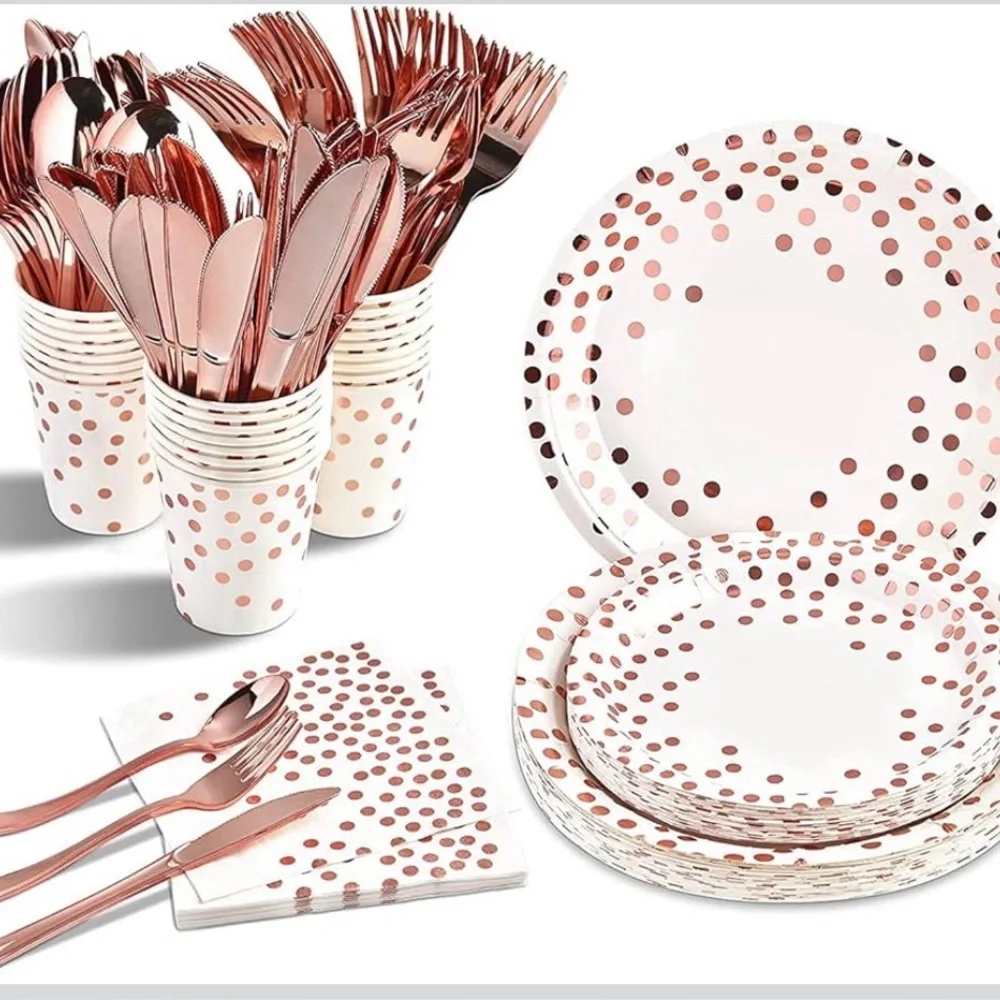Rose Gold Polka Dot Paper Plates and Napkins & Hooray Cake Topper, 75  7” plates
